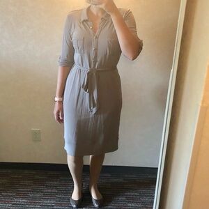 FREE SHIPPING Beige Polyester Midi Dress with Gold Toned buttons